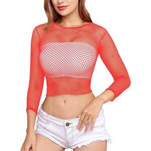 🆕 Women Red Fishnet Long Sleeve Crop Top Mini Lingerie Mesh Babydolls Chemises